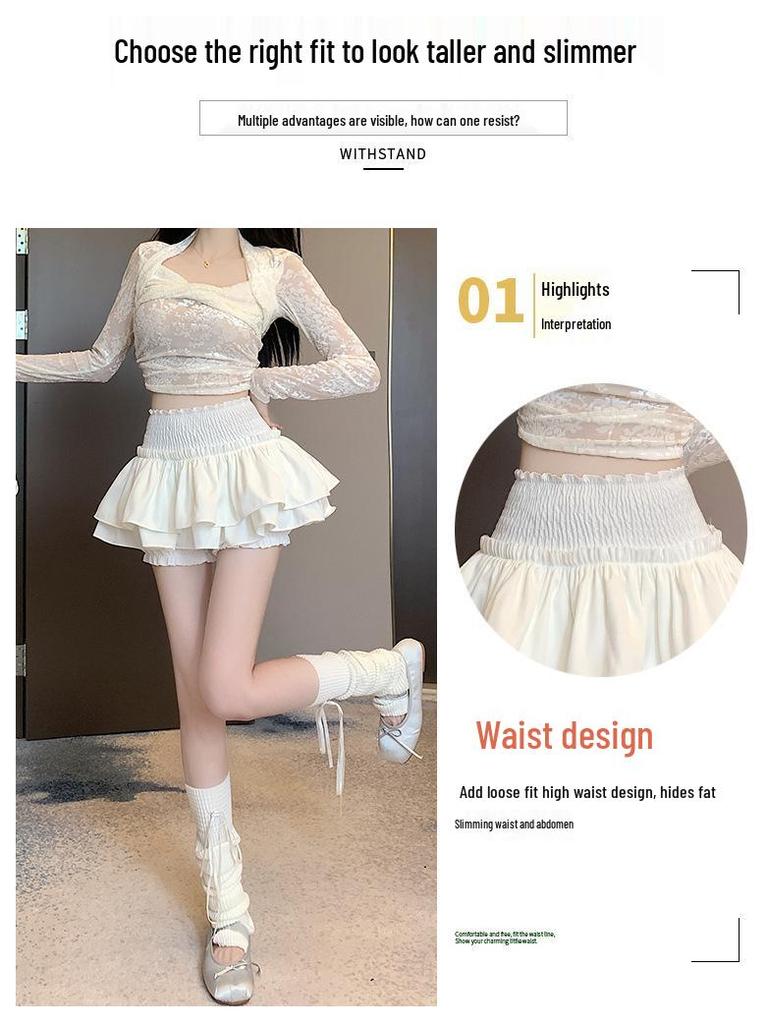 Women's Ballet-Style Puff Skort: Spring/Summer White Short Umbrella Skirt, Faux Two-Piece Design