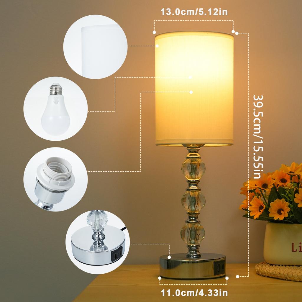 Luxury Bedside Table Lamp Bedroom Nightstand Lamp with 3000K Warm Light Bulb Fabric Lampshade Desk Lamp with USB C+A Charging PortCelsiusAC Ou