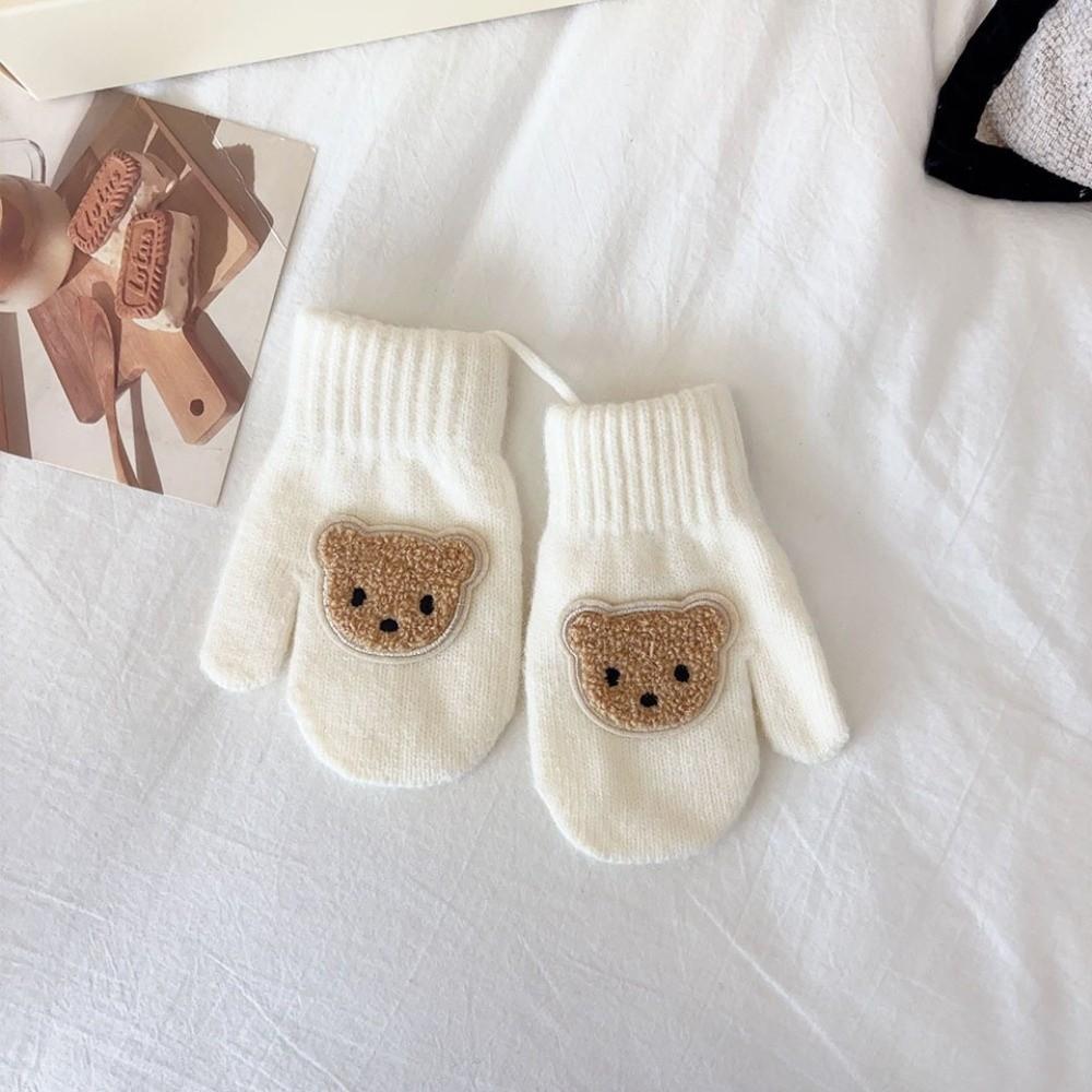 With Ropes Cartoon Bear Gloves Solid Color Full Finger Gloves Cute Knitted Mittens  Winter Season