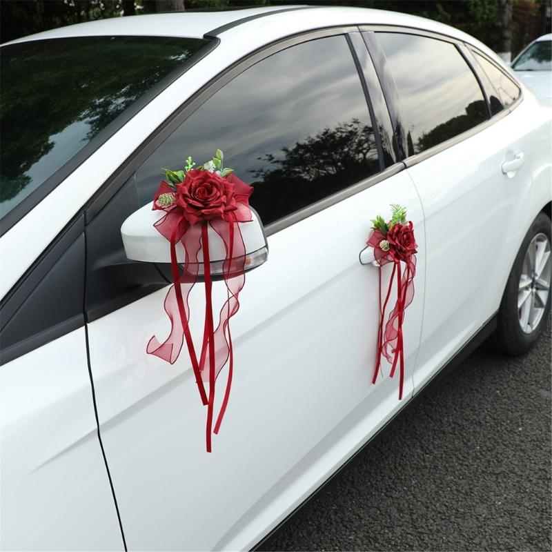 Ornement Floral pour Véhicule de Cérémonie avec Rubans de Roses Artificielles Longueurs pour Placement sur Miroir de Mariage et Accent de Voiture