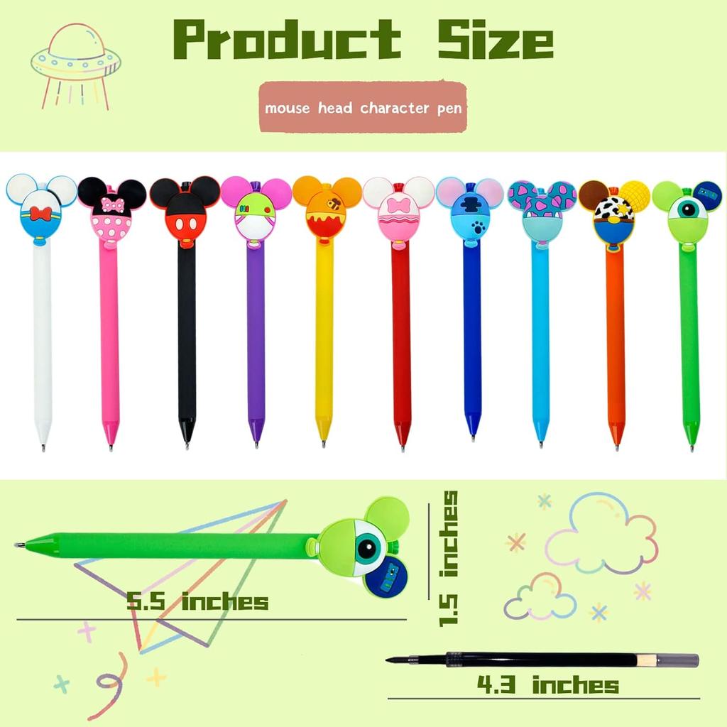 10pcs Mouse Head Character Ears Pens Set, Retr ctable Ballpoint Pen, Multi Color Jumbo Autograph Princess Pencil Signature Office Desk Stationary