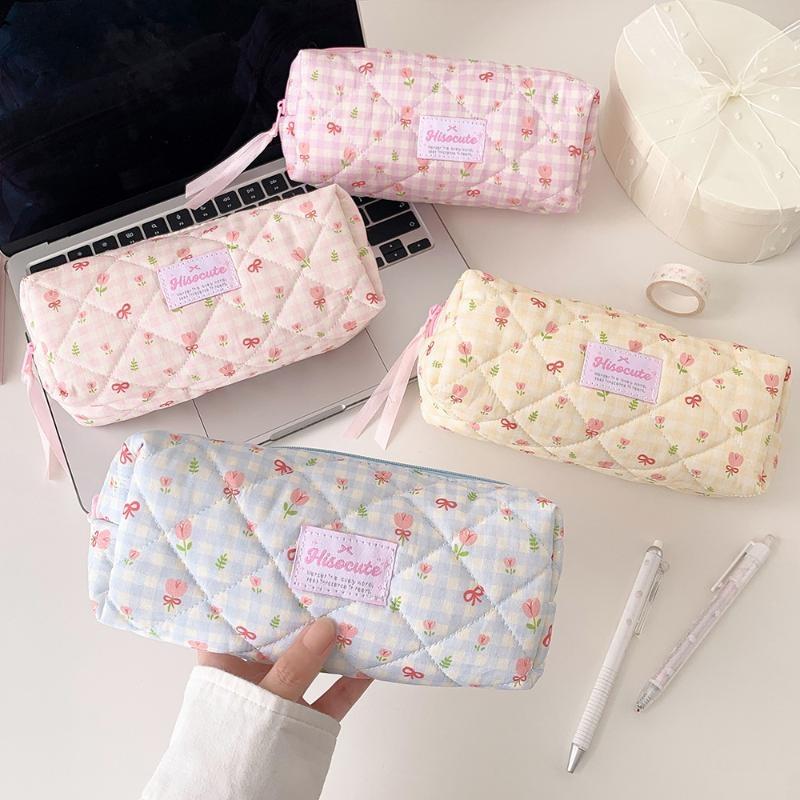 Cute Floral Quilted Pencil Case Multi Functional Soft Large Capacity Organizer for School Students Office Use