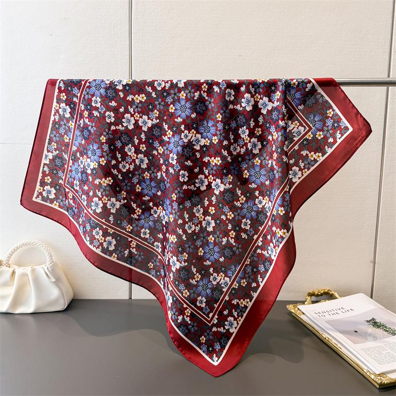 2026 New Soft Stain Floral Print Square Scarf For Women Elegant Ladies Hijab Neckerchief Shawl Luxury Imitation Silk Scarves