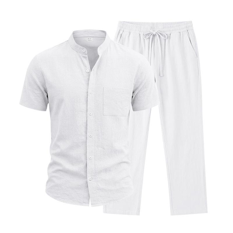 Men's Linen Short-Sleeve Henley Shirt & Long Pants Casual Sportswear Set