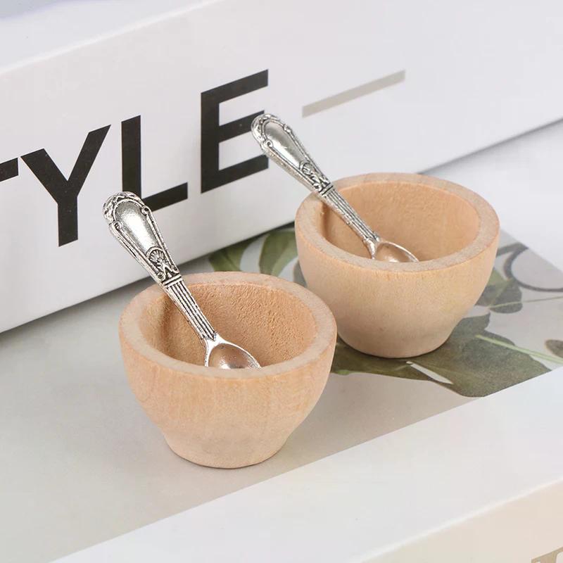 4pc/Set Dollhouse Miniature Furniture Small Wooden Bowl Spoon Model Diy Accessories For Kids