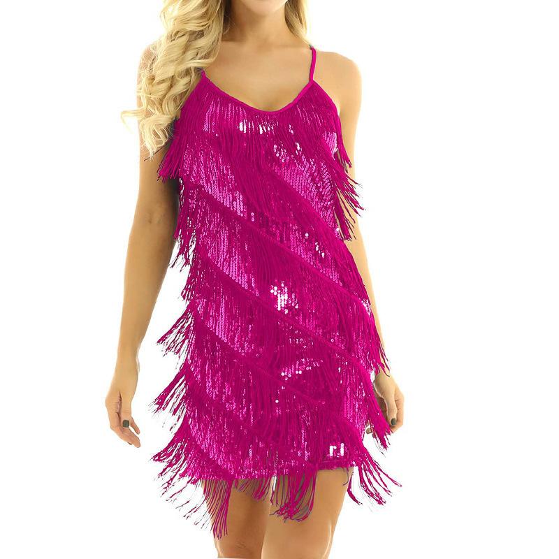 Träger Pailletten Quaste Rock Kragen Kleid Lateinischer Tanzkleid Tanzkostüm Bühnenkostüm