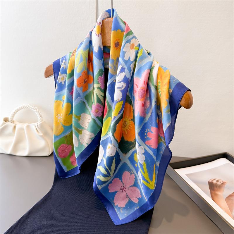 Fresh Oil Painting Style High-end Printed Silk Scarf Imitation Square Versatile Shawl Neck Small Headscarf