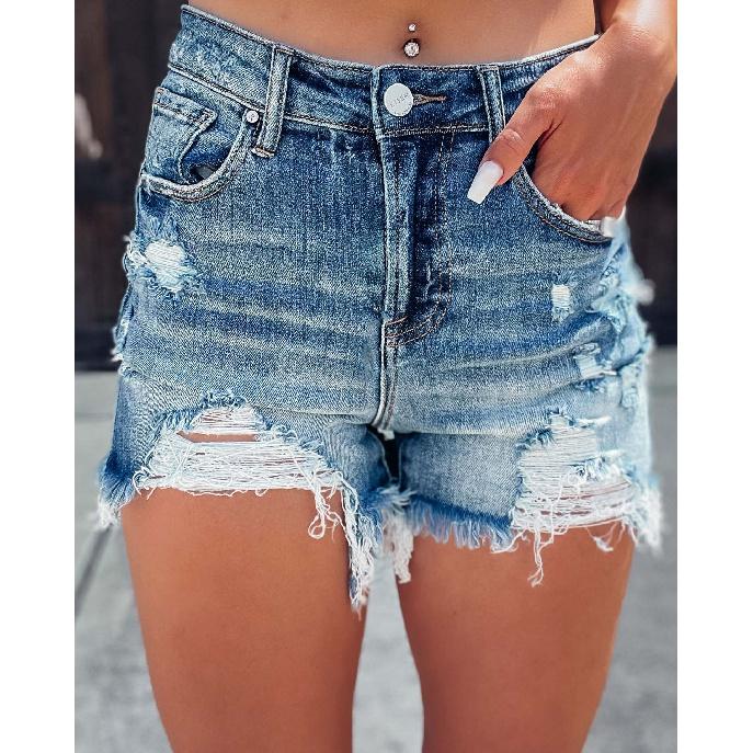 

Летние новые европейские и американские рваные шорты Spicy Girl Denim, женские шорты A-силуэта с высокой талией и бахромой XXL джинсовый синий