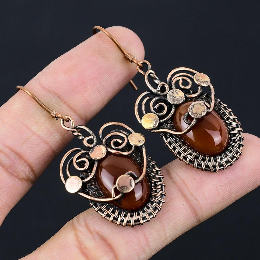 Lovely Carnelian Gemstone Handmade Pure Copper Wire Wrapped Earring Jewelry