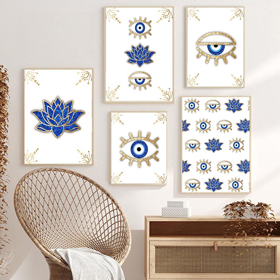 Paintings for Interior Abstract Evil Eyes Lotus Canvas Wall Art Gold Blue Posters and Prints for Living Room No Frame
