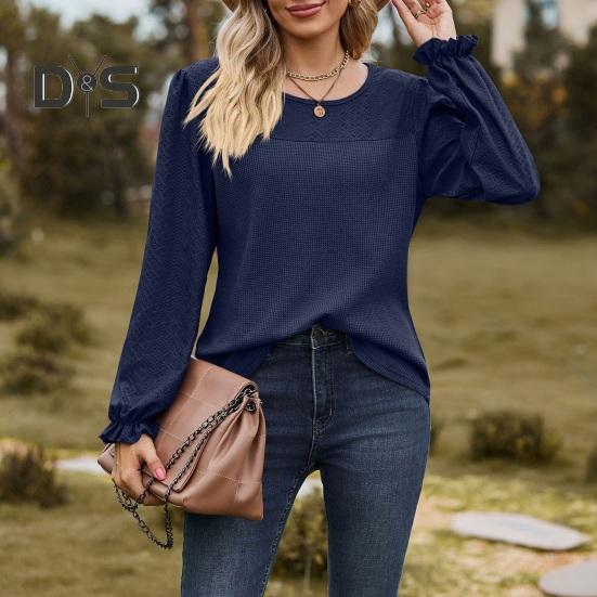 Women Tops Round Neck Puff Long Sleeve Solid Color Tee Shirt with Waffle Decoration Solid Color Loose Fit T-shirt