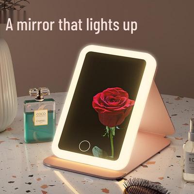 Specchio da Trucco LED Pieghevole con Luci a Tre Colori | Specchio da Toeletta Portatile da Tavolo con Finitura in Pelle