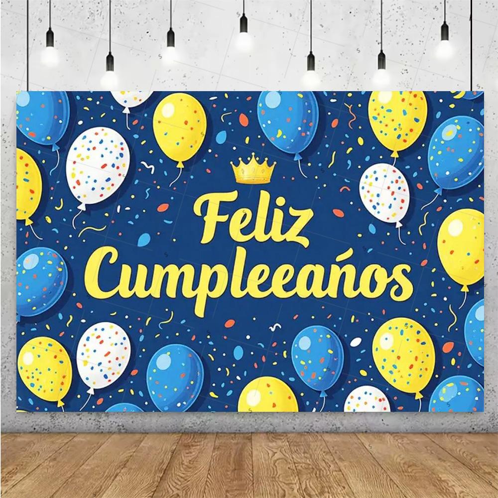 Happy Theme Background In Spanish, Party Decoration with Colored Globes, Background Banner, Gift for Children, Photo Session