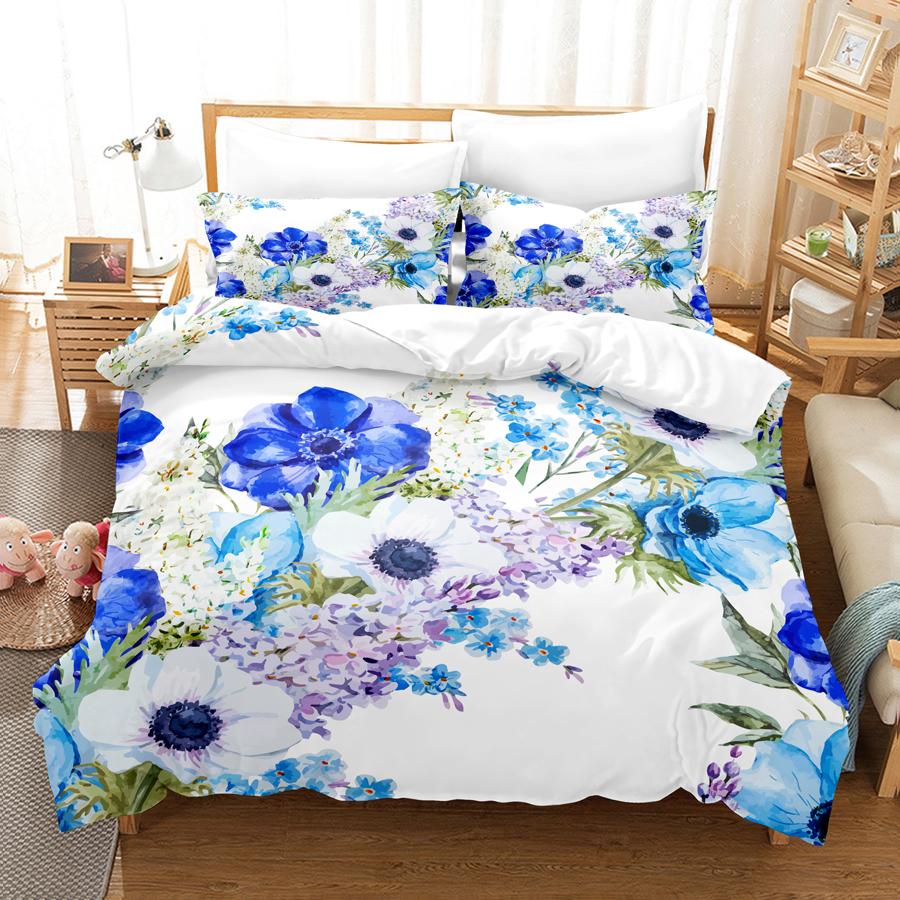 Blue Flower Duvet Cover Queen Size With Zipper Pillowcase 3D Floral Bedding Set 3pcs 2pcs Full King Twin Single Double Bed Thin
