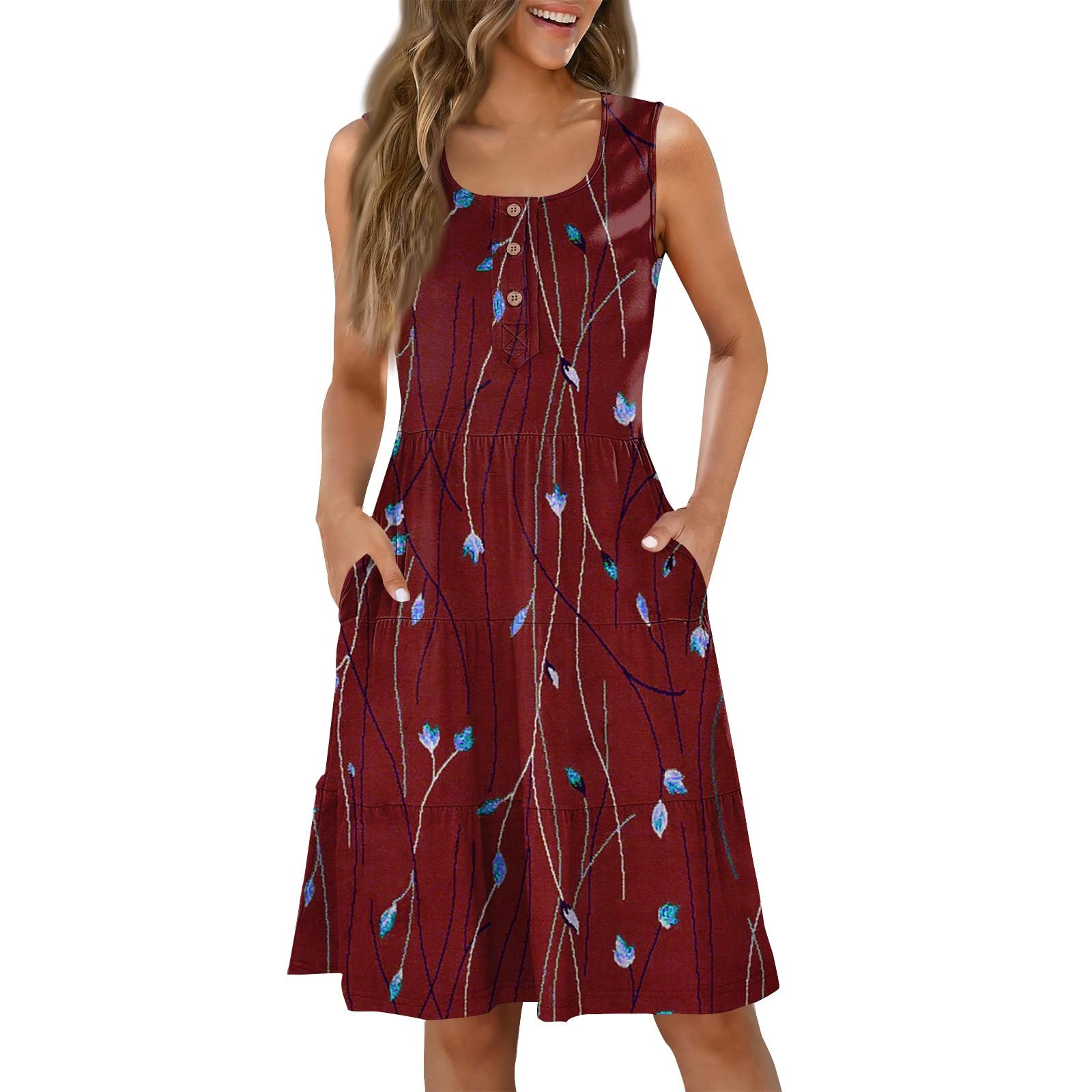 

Женские летние повседневные платья с круглым вырезом и винтажным цветочным принтом без рукавов XXL винный