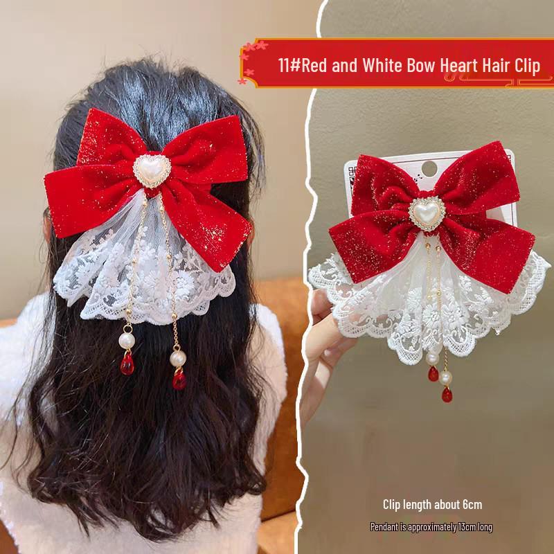 Girls' Chinese Style Red Bow Crown Hair Clip - New Year Headwear