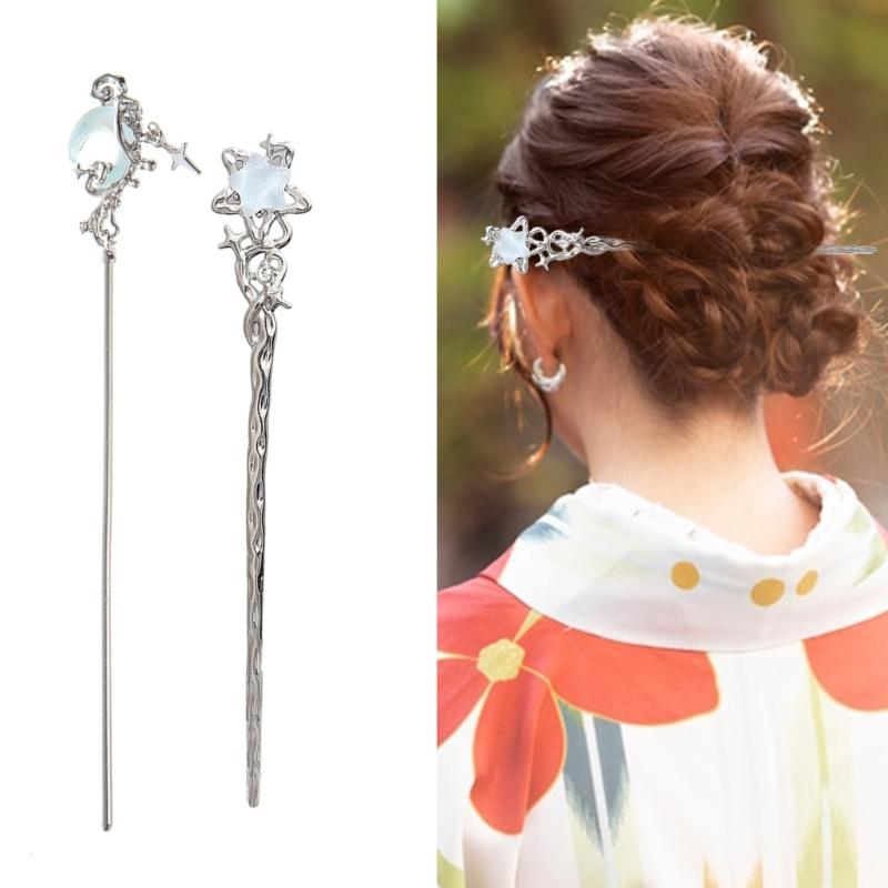 4PCS Silver Hair Bun Sticks For Long Hair Ancient Metal Hairpins With Moonstone Decoration Chinese Costume Hairpin