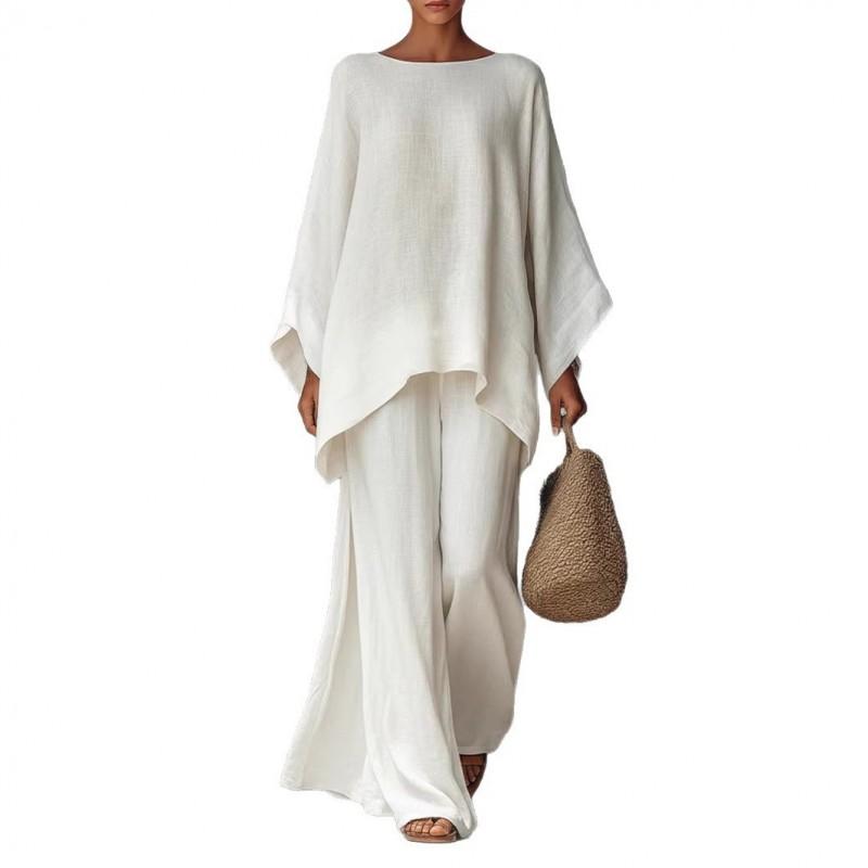 2025 Womens Linen Blend 2-Piece Set Loose Fit Long Sleeve Top Wide Leg Pants Solid Color Casual Outfit