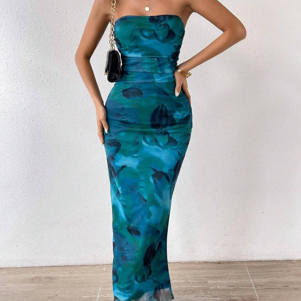 Sexy Strapless Floral Print Sheer Midi Dress Side Slit Bodycon Party Dress Summer Dress for Women Evening Party Outfit