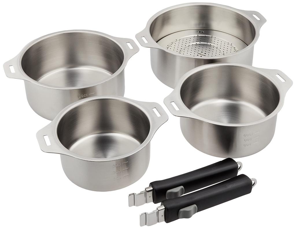 Wahei Made In Stainless Steel Cookware Set with Detachable Handles and IH Freiz, Japan, Tsubame-Sanjo, 4-Piece Steamer, Compatible, EM-032