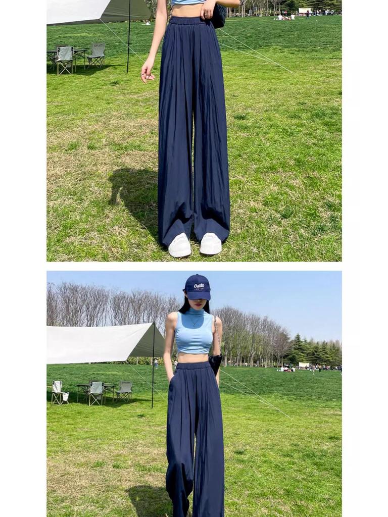 Women's Navy Blue Ice Silk Wide-Leg Pants: High-Waisted, Lightweight, Sun-Protective, Casual Trousers.