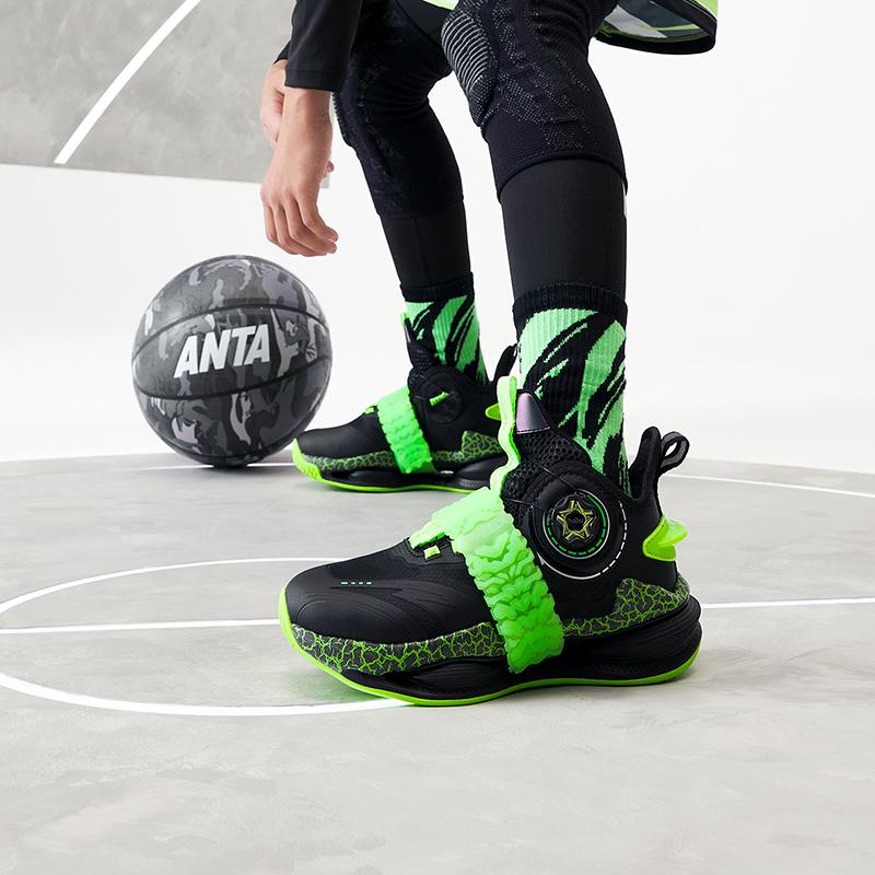 Anta Kids Mesh Breathable Sports Non-Slip Shock Absorbing Durable Mid-Top Casual Shoes Kids Casual Shoes Black Green 312241110-1