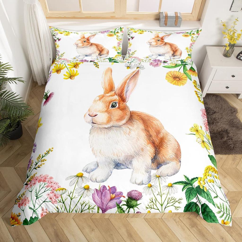 Cute Rabbit Duvet Cover Collection Twin Queen Colorful Flower Bedding Collection Microfiber Botanical Floral Cartoon Animal Comforter Cover