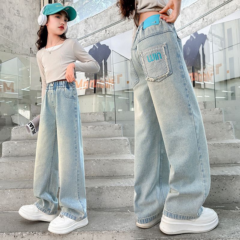 Autumn Cotton Bow Embroidery Girls Jeans Pants Solid Color Loose Wide Leg Trousers for Kids Girls Korean Soft Children Pants