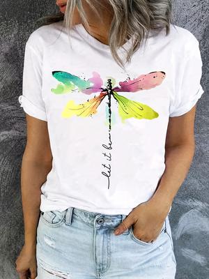 Mode Sommer Libelle 3D-Druck Rundhals T-Shirt Lässiges Kurzarm T-Shirt für Frühling & Sommer Damenbekleidung