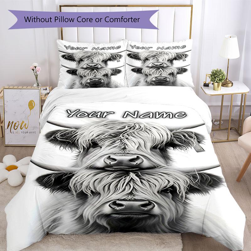 3PC Custom Name Highland Cattle Portrait Bedding Set Printed Bedding Set Duvet Cover Closure Includes 1 Duvet Cover & 2 Pillowcases for All Seasons Be