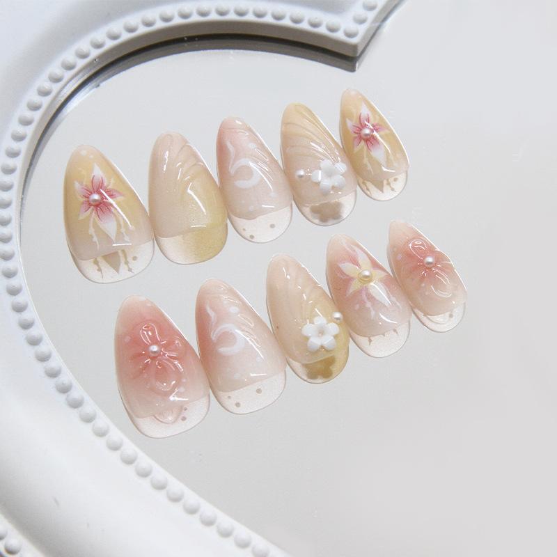 Nail Patch Removable Nail Orchid Fake Nail Elegant and Gentle Wear Nail Three-dimensional Pearl Diamond 30 Pieces