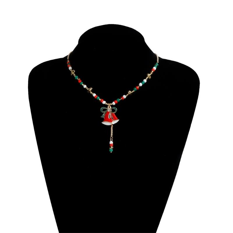 Festive Christmas Cartoon Bell Pendant Beaded Necklace Adjustable Collarbone Chain Jewelry Gift For Women