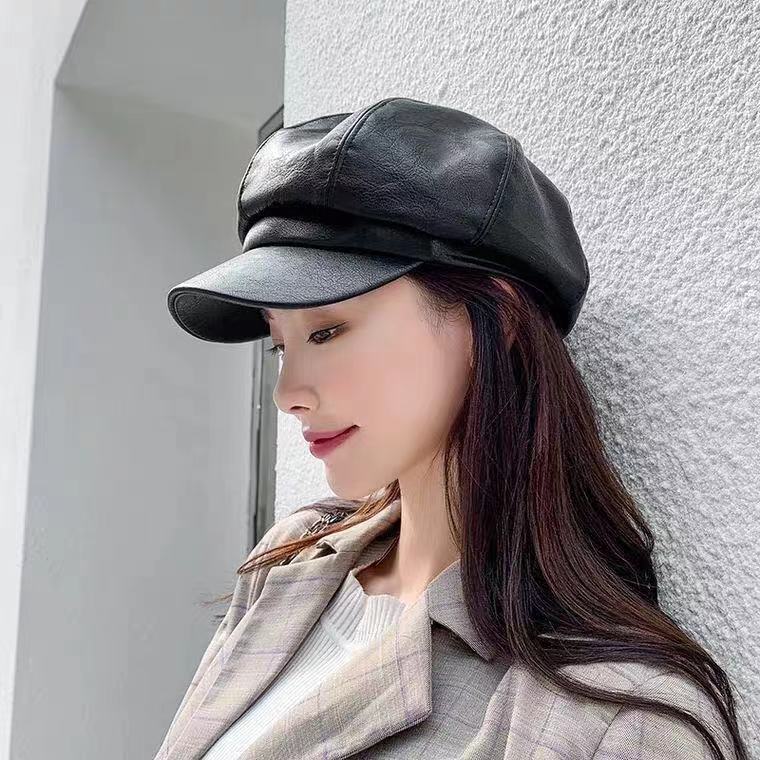 New Style, Autumn/winter Japanese, Octagonal Hat, Versatile for Men and Women, PU Leather, Beret, Korean Version, Outdoor Casual Hat