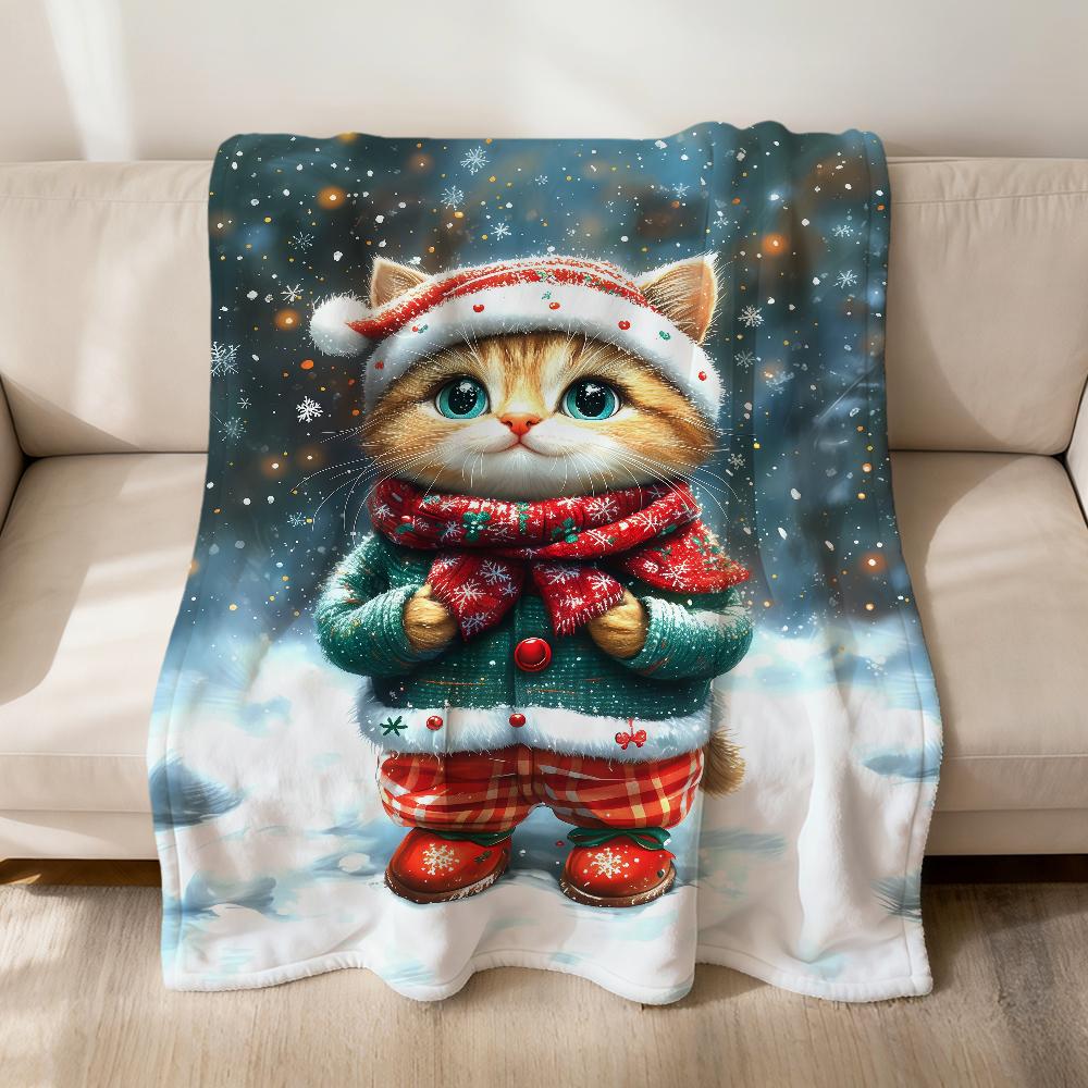 Cute fashion winter Christmas cat art Flannel soft warm plush blanket sofa living room pet hogar bedroom gift home Car portable
