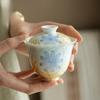 140ML Oil Painting Style Hand-painted Cover Bowl KungFu TeaSet Household Tea Bowl Thin Tire Gold Yarn Wrapped in Blue Cover Bowl