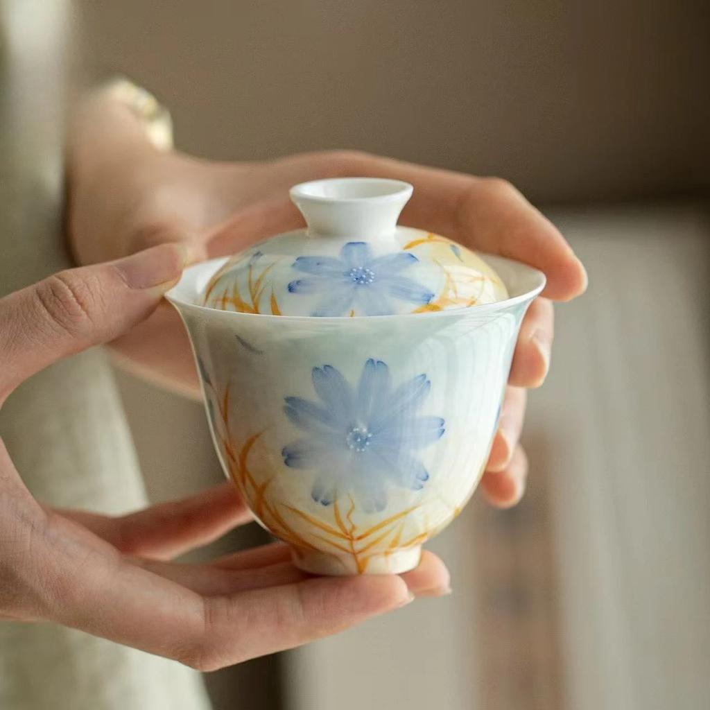 140ML Oil Painting Style Hand-painted Cover Bowl KungFu TeaSet Household Tea Bowl Thin Tire Gold Yarn Wrapped in Blue Cover Bowl
