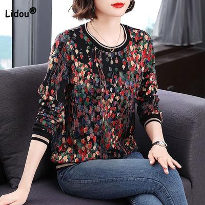 Modisches Allround-Druck Langarm-T-Shirt für Damen Frühling Herbst Damen Lockeres Temperament O-Ausschnitt Diamanten Tops