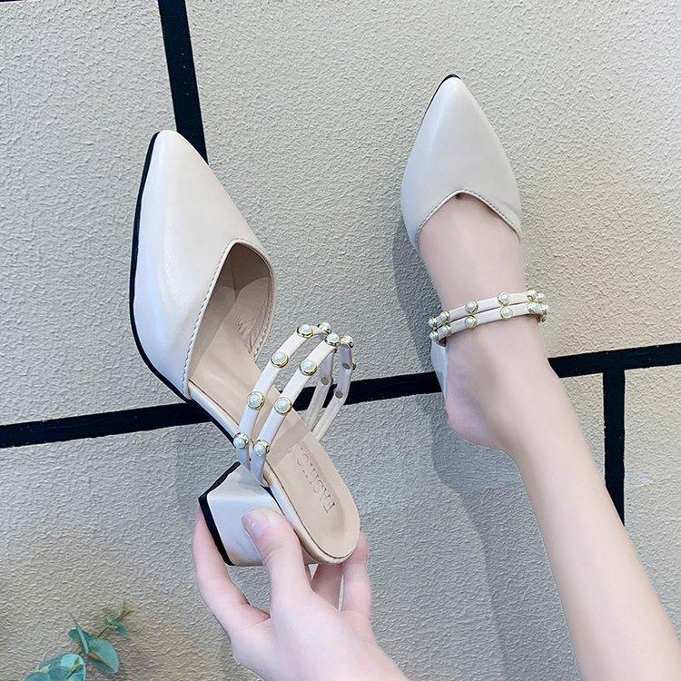 

Baotou half drag pearl two wear cool slippers women s summer 2025 new outer wear thick heel medium heel pointed women s high heels tide 40