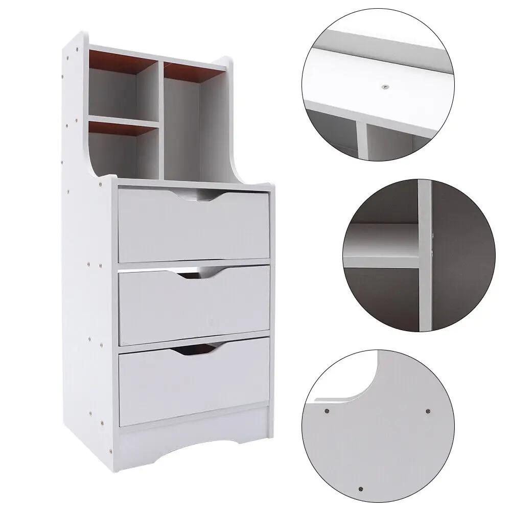 White Tall Nightstand 3-Drawer Bedside Table with Storage Shelf 85cm Height Cabinet