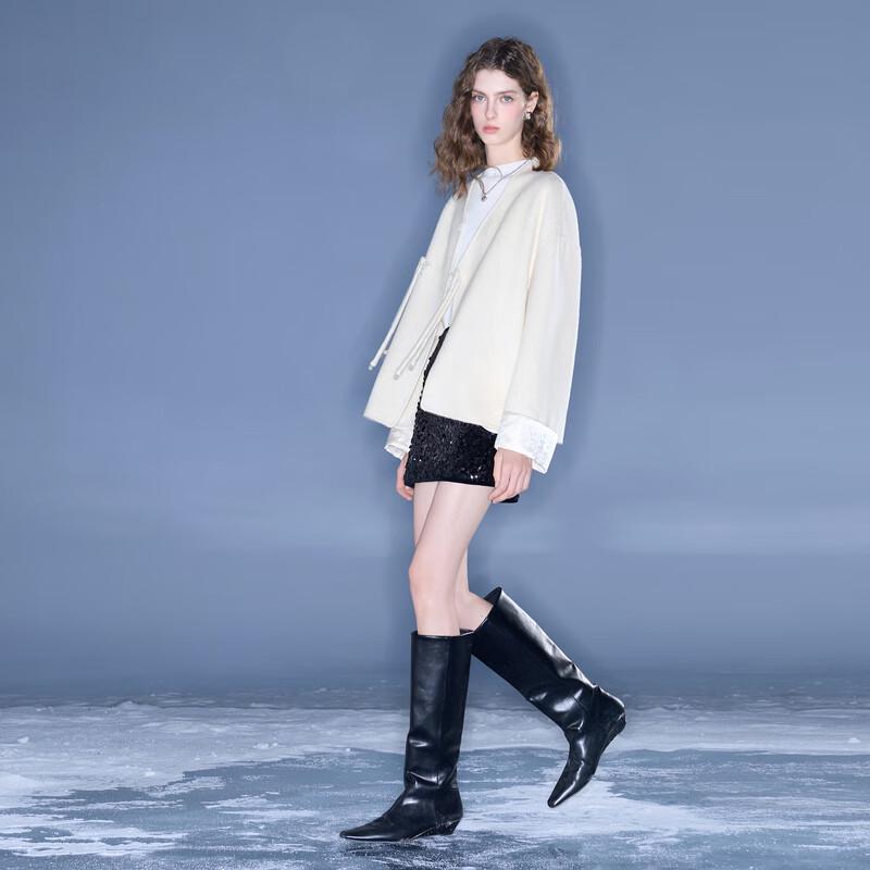 Sancai Women's 2025 Winter Short Double-faced Wool V-Neck Coat