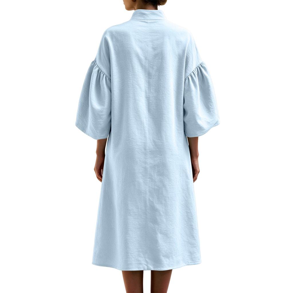 Women's Casual Loose Fit Half Zip Dress with Stand Collar and Puff Sleeves