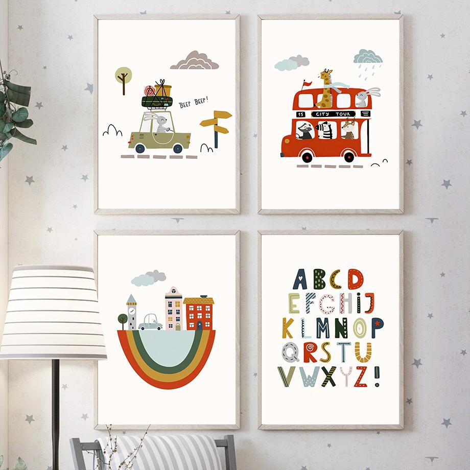 Cute Cartoon Vehicle Nursery Wall Art Poster - Cars Truck Fire Truck Prints for Kids Baby Bedroom Playroom Decor Canvas Painting