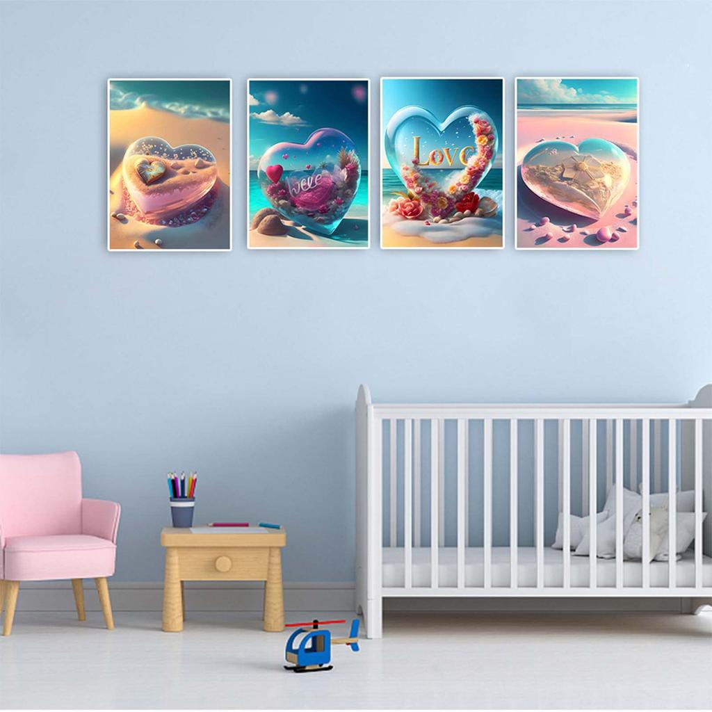 Set of 4 5D Diamond Art Colorful Heart Diamond Art Beginner Ocean Bead Art Kids Diamond Popular Ocean Decorative Mosaic Diamond Adhesive Stickers,