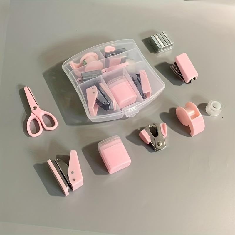 8pcs/set Portable Hole Punch, Staple Lifter, Tape Dispenser, Small Tape, Pencil Holder, Scissors And 500 #10 Staples.