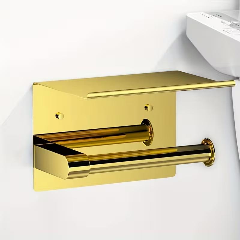 

Luxurious Golden Toilet Paper Holder with Phone Shelf - 304 Stainless Steel, Polished Self-Adhesive Wall Mount, No-Drill Install золотистый
