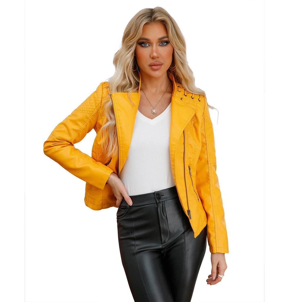 Women's Slim Fit Leather Motorcycle Jacket – European Size, Short Style for Spring and Autumn