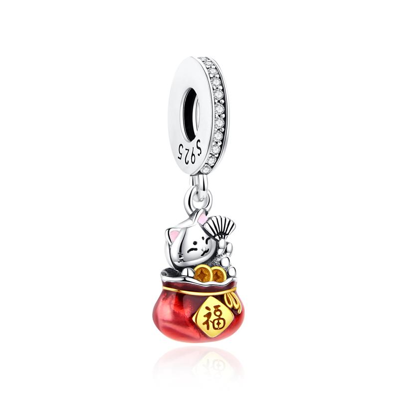 925 Silver Charms Beads Original Japanese Doll Fortune Cat Charm Fit Bracelets Bangles DIY Jewelry For Women