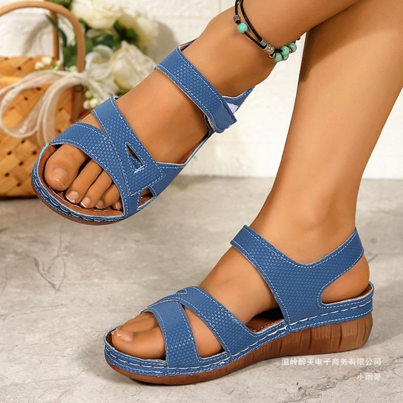 Velcro Shoes One-line Thick-soled Shoes Sandals Women's Hollowed-out Patterned Wedge Heels Beach Flip-flops