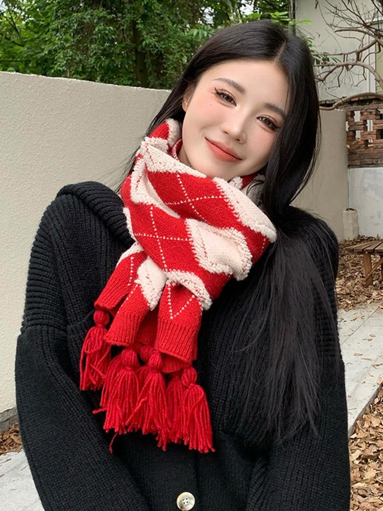 Neuer gestrickter süßer Schal Kopftuch Winter Damen Preppy kariert Warmer Schal Pashmina Mujer Femme Foulard Weihnachts-Wickeltuch Schal