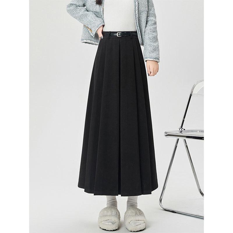 High-Waisted Coffee Wool Skirt for Women, Autumn-Winter Style, Pleated A-Line, Petite Fit, Mid-Length, Perfect Drape
